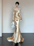 Unique Mermaid Off The Shoulder Gold Long Sleeves Prom Dresses Inspiration Party Night Gowns 20th Birthday Outfits HZ0311