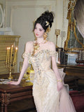 Sexy Mermaid Off The Shoulder Champagne Long Sequin Prom Dresses Party Dress 16th Birthday Outfits Graduation Dress HZ0311