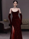 Glamour Mermaid Spaghetti Straps Burgundy Sequin Long Prom Dresses Party Dress 20th Birthday Outfits Prom Gowns HZ0311