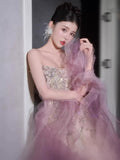 Luxury Mermaid Strapless Pink Tulle With Tiered Train Prom Dresses Inspiration Long Party Night Gowns 20th Birthday Outfits HZ0311