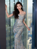 Unique Mermaid Off The Shoulder Blue Prom Dresses Inspiration Long Party Night Gowns 20th Birthday Outfits HZ0311