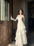 Classy Mermaid Off The Shoulder White With Long Sleeve Floor Length Pleated Prom Dress Graduation 20th Birthday Outfits HZ0311