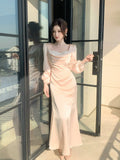 Elegant Mermaid Square Neck Pink Silky Satin Ankle Length Prom Dresses 16th Nigh Party Birthday Outfits HZ0311