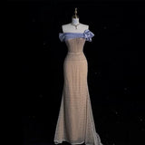 Modest Prom Dresses Aesthetic Mermaid Off The Shoulder Champagne Inspiration With Short Sleeves Long Party Formal Gown HZ0311