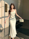 Modest Mermaid Spaghetti Straps Satin Ivory Prom Dresses Wedding Guest Gown 18th Nigh Party Birthday Outfits HZ0311
