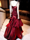 Modest Mermaid Spaghetti Straps Burgundy Wine Red Long Prom Dresses High School Teens Graduation Dance Dress 20th Birthday Outfits HZ0311