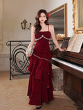 Elegant Mermaid Spaghetti Strap Burgundy Velvet Long Layered Prom Dress Aesthetic Long Graduation Evening Outfits HZ0311