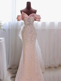 Sparkly Mermaid Evening Dress Off The Shoulder Pink Sequins Prom Dress Long Party Dress 19th Birthday Outfits HZ0311