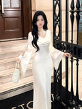 Sexy Mermaid Cowl Neck White Satin Ankle Length Prom Dresses Wedding Guest Dress 20th Birthday Outfits HZ0311