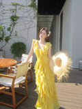 Elegant A line V Neckline Chiffon Yellow Layered Prom Dresses Long 16th Nigh Party Birthday Outfits HZ0311