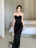 Elegant Mermaid Sweetheart Black Satin Sleeveless Long Prom Dresses 18th Birthday Outfits HZ0311