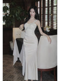 Classy Mermaid One Shoulder White With Beaded Satin Ankle Length Pleated Prom Dress Aesthetic Graduation Birthday Outfits HZ0311