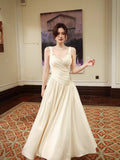 Modest A line Straps Ivory Satin Long Evening Dresses Wedding Guest Dress 20th Birthday Outfits HZ0311