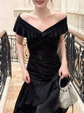 Classy Mermaid Off The Shoulder Black With Short Sleeves Floor Length Pleated Prom Dress Graduation 20th Birthday Outfits HZ0311