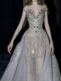 Luxurious Wedding Dresses Mermaid Scoop Neck With Cape Silver Gray Sequins Brides Dress For Brides Fitted Bridal Gowns HZ0311