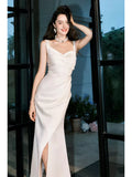 Sexy Sheath Sweetheart White Satin Ankle Length Prom Dresses Wedding Guest Dress 22th Birthday Outfits HZ0311