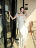 Elegant Mermaid Square Neck White Silky Satin Ankle Length Prom Dresses 16th Nigh Party Birthday Outfits HZ0311