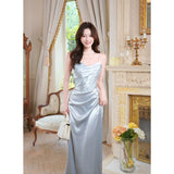 Modest Sheath Spaghetti Straps Satin Ruffles Prom Dresses High School Teens Graduation Dance Dress 20th Birthday Outfits HZ0311