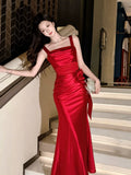 Elegant Sheath Square Neck Satin Red Ankle Length Prom Dresses 17th Nigh Party Birthday Outfits HZ0311