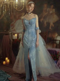 Sparkly Mermaid Sweetheart Sequins With Slit Blue Prom Dresses Inspiration Long Party Night Gowns 20th Birthday Outfits HZ0311