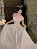 Princess Ball Gown Off The Shoulder Champagne Prom Dresses Inspiration Long Party Night Gowns 18th Birthday Outfits HZ0311