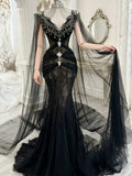Modest Prom Dresses Aesthetic Mermaid V Neck Black Tulle Inspiration With Long Sleeves Cape Long Party Formal Gown HZ0311