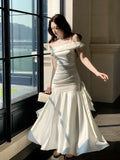 Elegant Mermaid Off The Shoulder White Long Prom Dresses 16th Nigh Party Birthday Outfits HZ0311