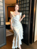 Elegant Mermaid Square Neck White Silky Satin Ankle Length Prom Dresses 16th Nigh Party Birthday Outfits HZ0311
