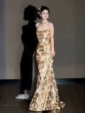 Glitter Mermaid Strapless Gold Sequins Long Formal Prom Dresses Dance Night Outfits Evening Party Gowns HZ0311