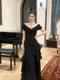 Classy Mermaid Off The Shoulder Black With Short Sleeves Floor Length Pleated Prom Dress Graduation 20th Birthday Outfits HZ0311