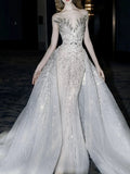 Luxurious Wedding Dresses Mermaid Scoop Neck With Cape Silver Gray Sequins Brides Dress For Brides Fitted Bridal Gowns HZ0311