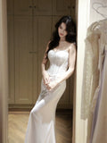 Elegant Mermaid Spaghetti Strap White Satin Long Pleated Prom Dress Aesthetic Graduation Evening Outfits HZ0311