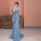 Modest Mermaid Strapless Dusty Blue Sequins Prom Dresses Inspiration Long Party Night Evening Dress 20th Birthday Outfits HZ0311