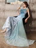 Modest Mermaid Strapless Blue Sequins Prom Dresses Inspiration Long Party Night Evening Dress 20th Birthday Outfits HZ0311
