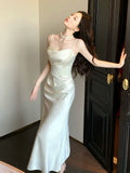 Elegant Mermaid Spaghetti Straps Ivory Satin Ankle Length Prom Dresses 17th Nigh Party Birthday Outfits HZ0311