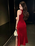 Elegant Sheath Scoop Red Satin Slit Ankle Length Prom Dresses 17th Nigh Party Birthday Outfits HZ0311