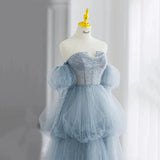 Modest Ball Gown Off The Shoulder Dusty Blue Tulle Prom Dresses Inspiration Long Party Night Evening Dress 20th Birthday Outfits HZ0311