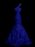 Mermaid One Shoulder Royal Blue Tulle With Pleated Ruched Long Prom Dresses Party Dress For Women HZ0311