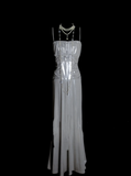 Simple A line Spaghetti Straps Silver Gray Satin Long Prom Dress Ideas With Pleated Formal Party Dress Inspo For Women HZ0311