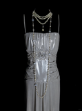 Simple A line Spaghetti Straps Silver Gray Satin Long Prom Dress Ideas With Pleated Formal Party Dress Inspo For Women HZ0311