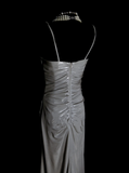 Simple A line Spaghetti Straps Silver Gray Satin Long Prom Dress Ideas With Pleated Formal Party Dress Inspo For Women HZ0311
