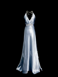 Simple Mermaid Halter Light Sky Blue Ruched Satin Long Prom Dress Ideas With Pleated Formal Party Dress Inspo For Women HZ0311