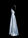 Simple Mermaid Halter Light Sky Blue Ruched Satin Long Prom Dress Ideas With Pleated Formal Party Dress Inspo For Women HZ0311