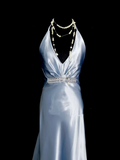 Simple Mermaid Halter Light Sky Blue Ruched Satin Long Prom Dress Ideas With Pleated Formal Party Dress Inspo For Women HZ0311