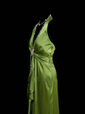 Simple A line Halter Olive Green Ruched Satin Long Prom Dress Ideas With Pleated Formal Party Dress Inspo For Women HZ0311