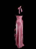 Modest Mermaid Halter Pink Ruched Long Prom Dress Ideas With Pleated Formal Party Dress Inspo For Women HZ0311