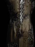 Classy Formal Mermaid Halter Black Tulle With Beads Style Impress Long Prom Dresses Party Gowns HZ0311
