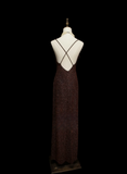 Chic Formal A Line Spaghetti Strap Brown Sequin Style Impress Long Prom Dresses Party Gowns HZ0311