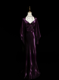 Chic Formal Mermaid Spaghetti Strap Purple Satin With Cape Style Impress Long Prom Dresses Party Gowns HZ0311