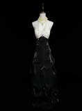 Chic Formal Mermaid Spaghetti Strap White Tops Black Skirt Satin With Beads Style Impress Long Prom Dresses Party Gowns HZ0311